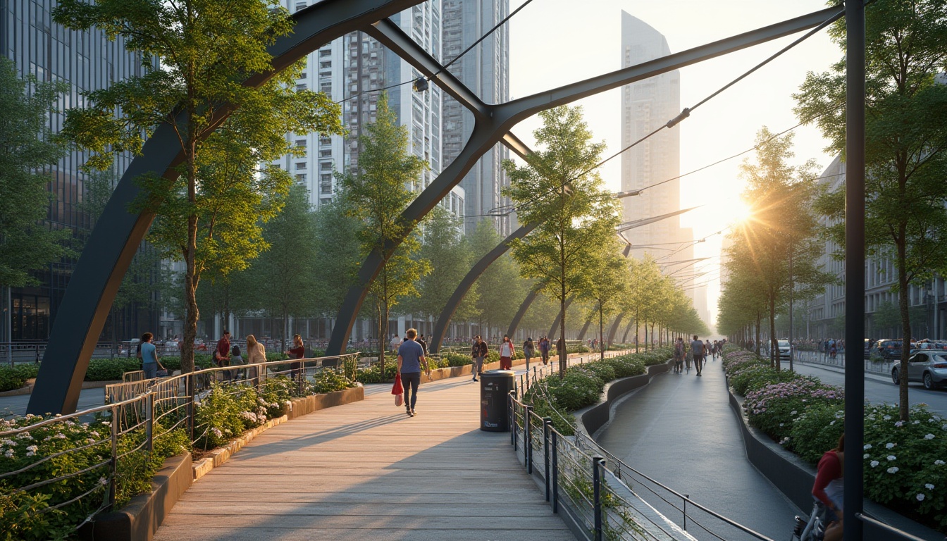 Prompt: Eco-friendly urban pedestrian bridge, modern minimalist architecture, steel beams, wooden deck, green roofs, vines crawling up pillars, gentle curves, soft evening lighting, cityscape background, bustling streets, skyscrapers, pedestrian traffic, cycling lanes, public art installations, recycling bins, energy-harvesting LED lights, solar panels integrated into handrails.