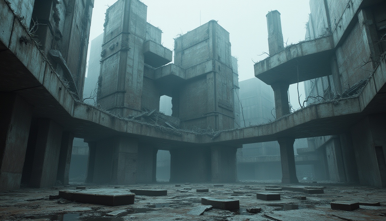 Prompt: Deconstructivist monument, fragmented structure, irregular shapes, broken columns, twisted metal beams, shattered glass facade, distorted reflections, complex geometry, abstract forms, futuristic ambiance, dystopian atmosphere, misty fog surrounding, dimly lit, industrial materials, rough concrete texture, rusted steel details, eerie silence, dramatic low-angle shot, cinematic composition, high contrast lighting.