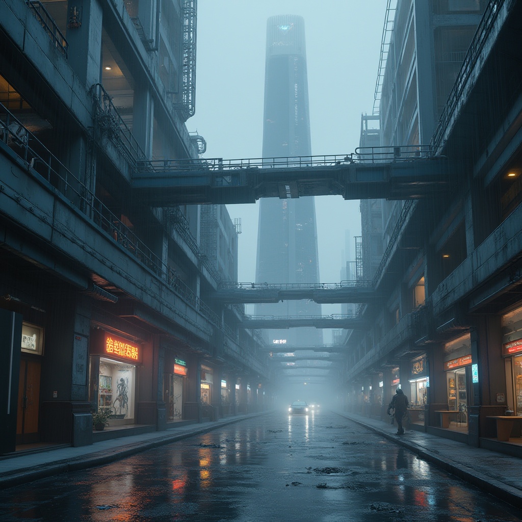 Prompt: High-tech futuristic scenery, gray color palette, metallic materials, sleek lines, neon accents, urban cityscape, skyscraper, LED lights, holographic advertisements, rainy night, misty atmosphere, reflective surfaces, cyberpunk ambiance, 3/4 composition, low-angle shot, dramatic lighting, cinematic mood, dark alleys, neon-lit streets, abandoned laboratories, robotic silhouettes, sci-fi elements, high-contrast colors, digital noise.