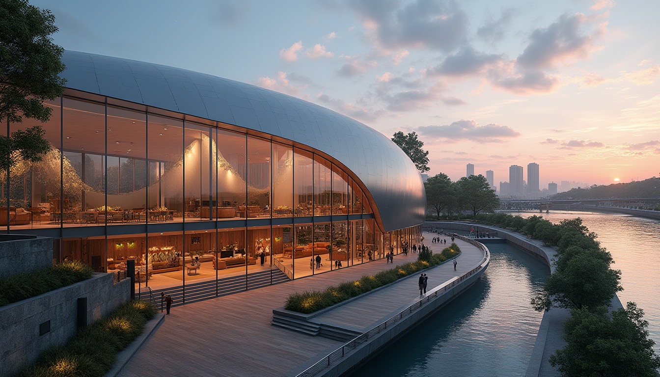 Prompt: Modern exhibition center, riverside location, curved glass facade, silver frame, sleek lines, minimalist design, large windows, natural light pouring in, wooden floors, spacious interior, high ceilings, river-themed decorations, aquatic plants, water features, stone walls, outdoor terraces, stairs leading to rooftop gardens, city skyline views, sunset colors reflecting off the water, evening ambient lighting, warm tones, 3/4 composition, panoramic view.