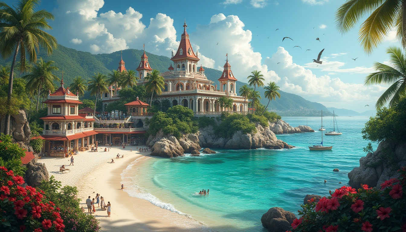 Prompt: Island, market, Baroque style, tropical atmosphere, vibrant colors, intricate architectural details, grand fountain, ornate bridges, lush greenery, palm trees, hibiscus flowers, exotic plants, white sandy beach, crystal clear turquoise water, sailboats, yachts, seagulls flying overhead, warm sunlight, dramatic clouds, 3/4 composition, cinematic lighting, romantic ambiance.