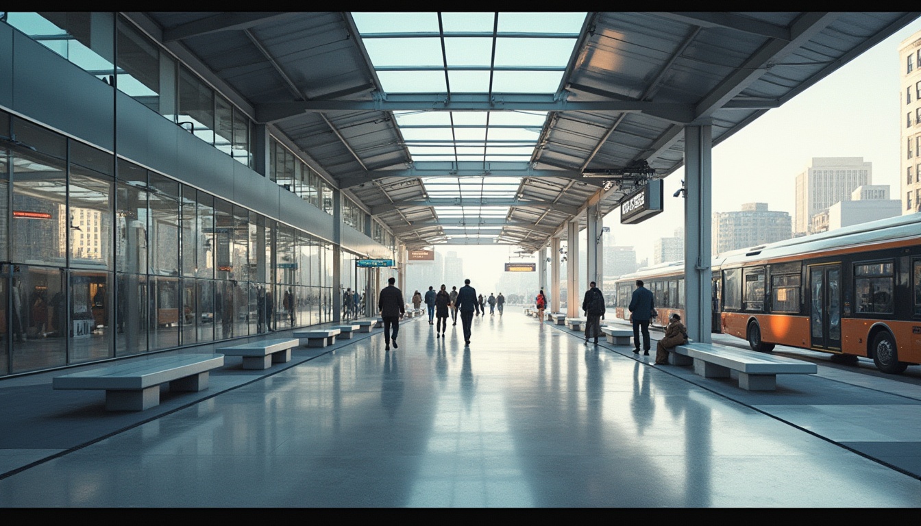 Prompt: Bus station, modern architecture, Fibreglass material, translucent roof, natural light, soft indirect lighting, urban setting, cityscape, busy atmosphere, people walking, buses parked, Fibreglass benches, sleek design, minimalist aesthetic, steel frames, glass panels, reflective surfaces, clean lines, geometric shapes, 3/4 composition, high-angle shot, dramatic contrast, vibrant colors, realistic texture.