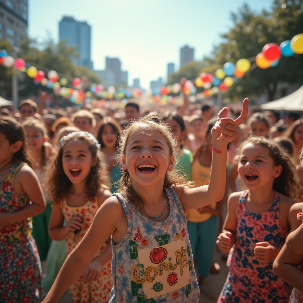 Prompt: Vibrant community center, afternoon, warm sunlight, diverse crowd, kids and adults, colorful costumes, musical instruments, dance props, excited facial expressions, lively body language, group of friends laughing, multicultural decorations, balloons and streamers, urban background, city skyscrapers, clear blue sky, shallow depth of field, wide-angle lens, dynamic composition.