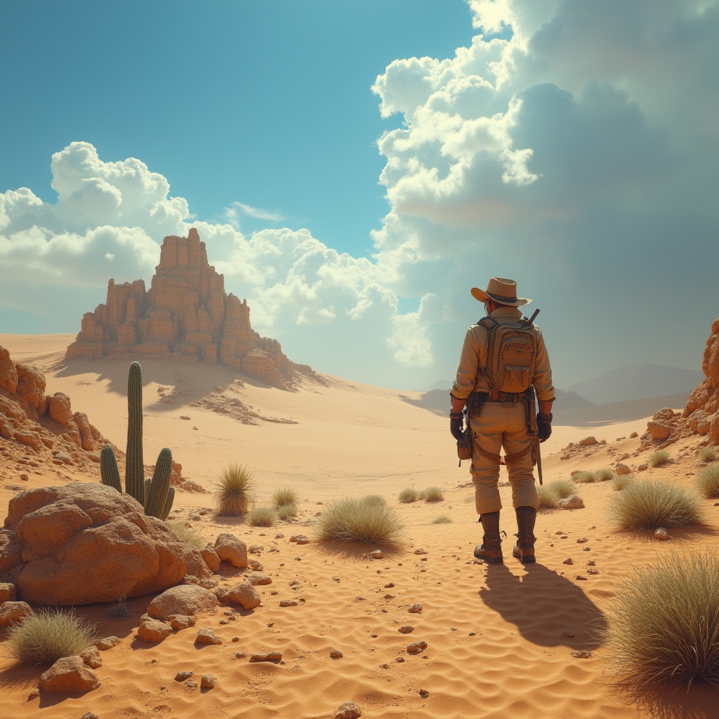 Prompt: Desert landscape, vast sandy dunes, endless blue sky, cacti scattered, rocky outcrops, ancient ruins, mysterious artifacts, worn leather boots, khaki clothing, wide-brimmed hat, goggles, utility belt, backpack, trekking pole, sun beating down, harsh shadows, warm lighting, cinematic composition, dramatic clouds, sandstorm brewing.