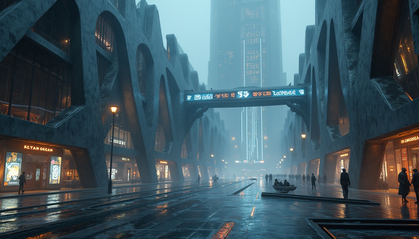 Prompt: Futuristic architecture, limestone walls, sleek lines, geometric shapes, metallic accents, neon lights, cityscape, skyscrapers, bustling streets, robotic pedestrians, holographic advertisements, rainy night, misty atmosphere, cinematic composition, low-angle shot, dramatic lighting, high-tech details.