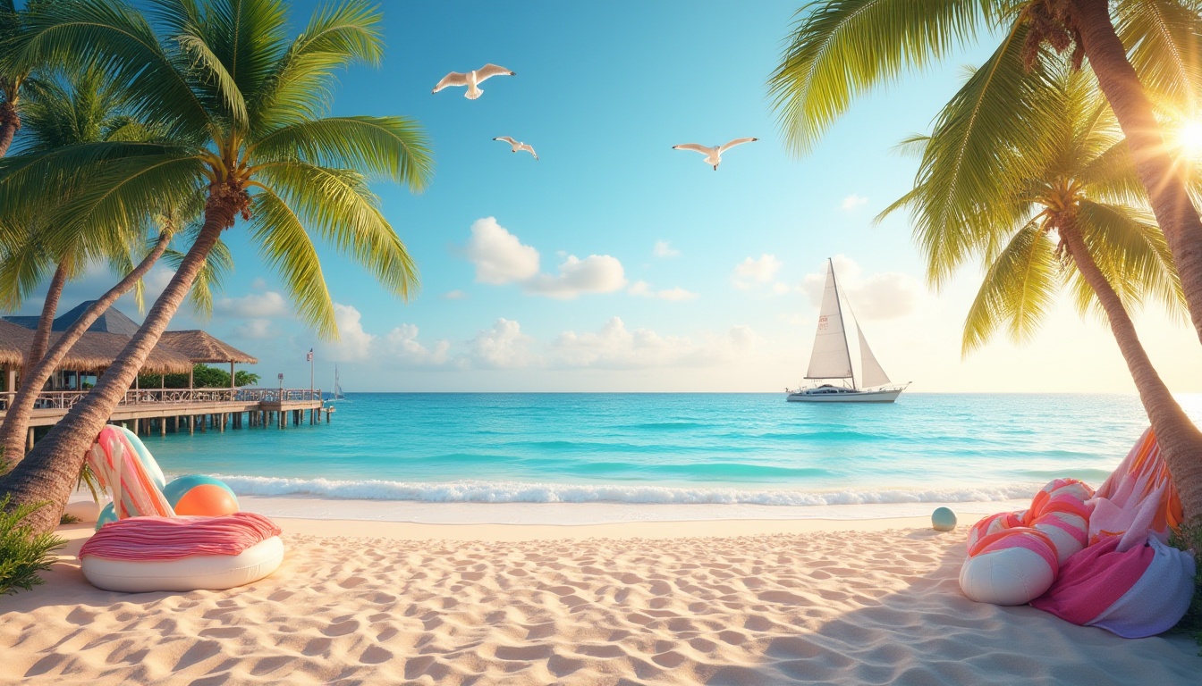 Prompt: Beach design, heliotrope color scheme, vibrant purple pink hues, warm sandy dunes, tropical palm trees, clear turquoise water, gentle waves, sunny day, cloudless sky, 3/4 composition, low-angle shot, shallow depth of field, beach balls, inflatables, colorful towels, wooden pier, sailboats in distance, seagulls flying overhead, warm golden lighting, soft focus, realistic textures, cinematic mood.