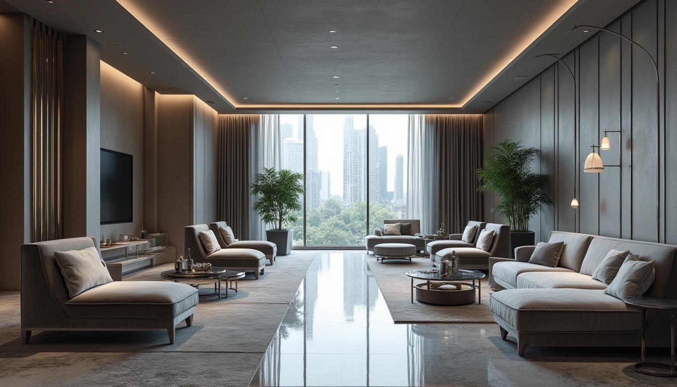 Prompt: Modern hospitality space, gray color palette, luxurious ambiance, minimalist decor, sleek lines, marble floors, gray walls, velvet sofas, chrome accents, pendant lights, floor-to-ceiling windows, cityscape view, 3/4 composition, softbox lighting, cinematic mood, hotel lobby, upscale atmosphere.