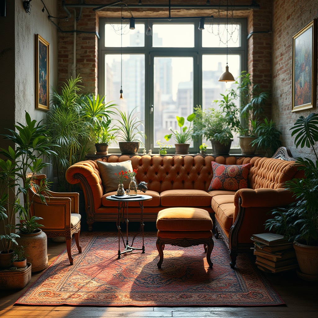 Prompt: Eclectic interior, harmonious blend, modern Victorian style, luxurious velvet sofa, ornate wooden legs, richly patterned rug, vintage armchair, distressed finish, industrial metal coffee table, lush green plants, natural light pouring in, large windows, urban loft, cityscape view, warm golden lighting, 3/4 composition, soft focus, bohemian chic, eclectic decor, mix of old and new, rustic and luxurious textures.