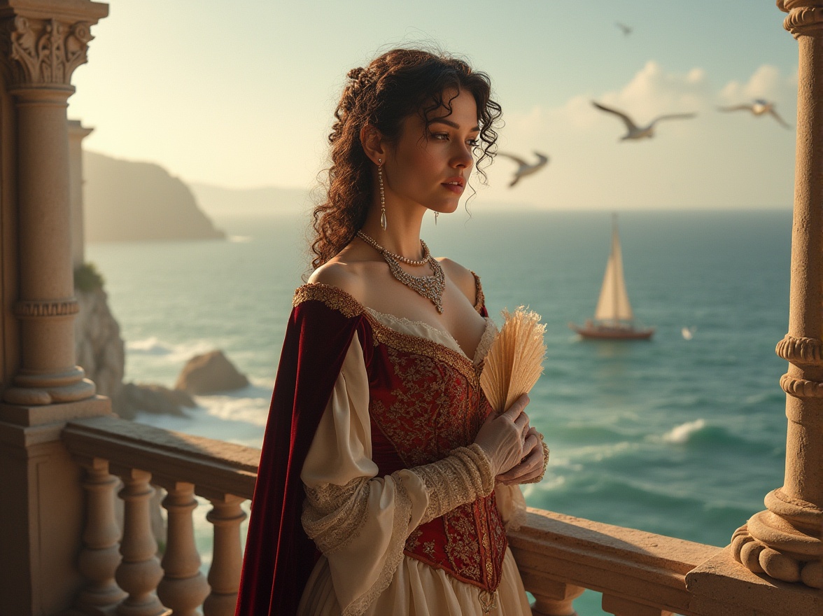 Prompt: Renaissance-style lady, mature, elegant, refined features, curly brown hair, adorned with pearls and diamonds, soft subtle makeup, elaborate lace gloves, velvet cloak, intricately designed corset, flowing silk dress, layered petticoats, ornate jewelry, holding a delicate fan, standing on a stone balcony, overlooking the Mediterranean Sea, waves gently crashing against the shore, sailboats in the distance, seagulls flying overhead, warm golden lighting, soft focus, shallow depth of field, Baroque-inspired architecture, ornate columns, grandeur staircases, luxurious interior design, subtle texture, cinematic composition.