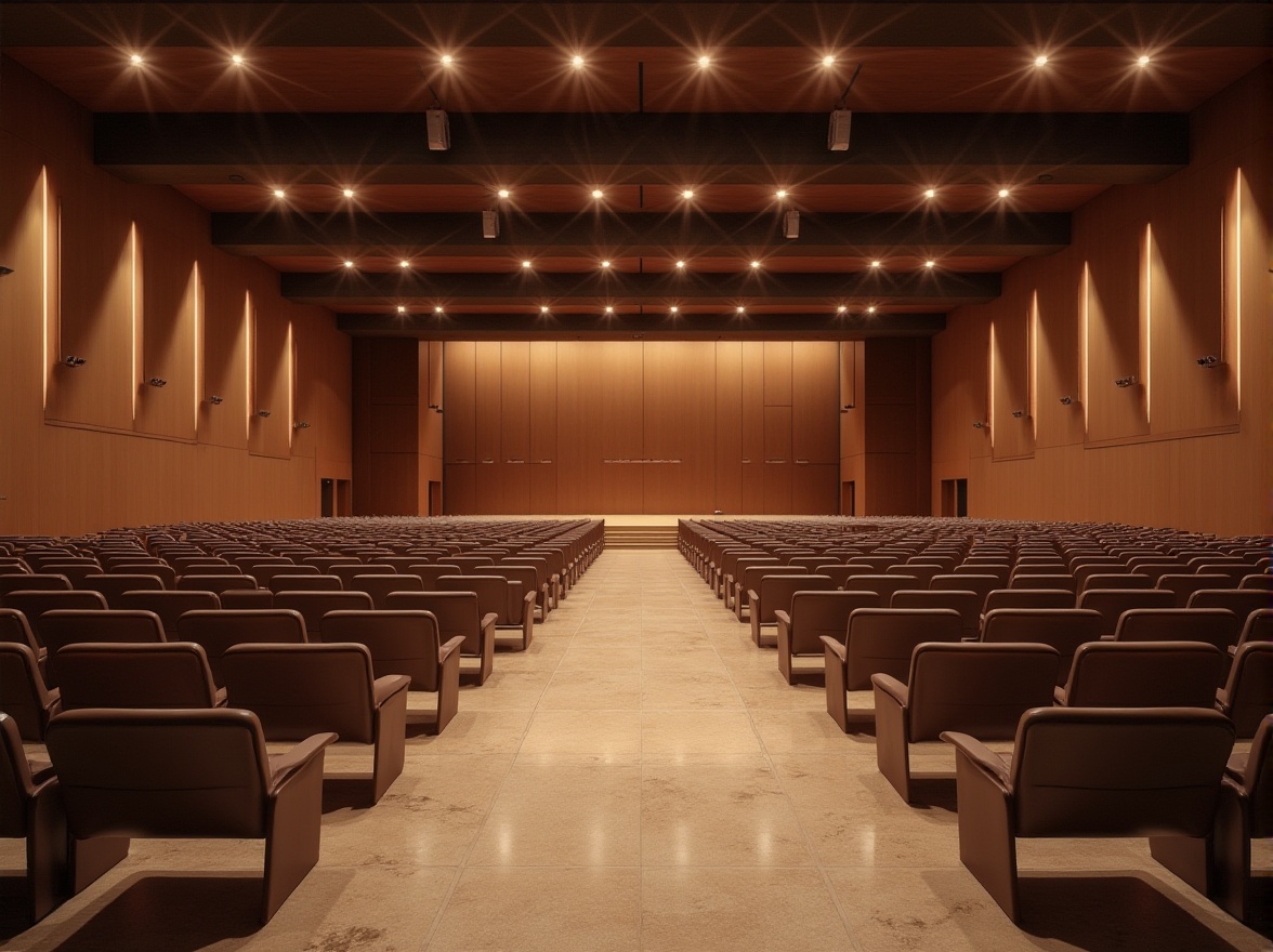 Prompt: Modern auditorium interior, granite walls, polished high-gloss floor, sleek minimalist chairs, rows of seats, central aisle, stage with spotlight, acoustic panels, suspended ceiling, warm softbox lighting, 3/4 composition, low-angle shot, cinematic ambiance, natural texture, luxurious atmosphere, contemporary architecture.