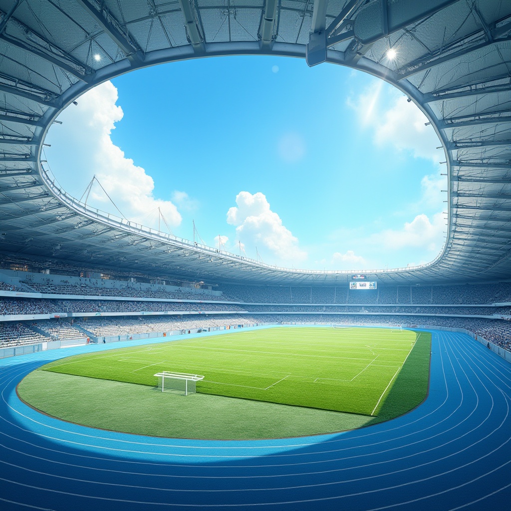 Prompt: Stadium, athletic field, light blue color, refreshing atmosphere, sunny day, clear sky, fluffy white clouds, lush green grass, vibrant track lanes, modern architecture, sleek lines, minimalist design, steel beams, concrete structure, tiered seating, enthusiastic crowd, cheering fans, sports equipment, scoreboard, bright lighting, panoramic view, high-angle shot.