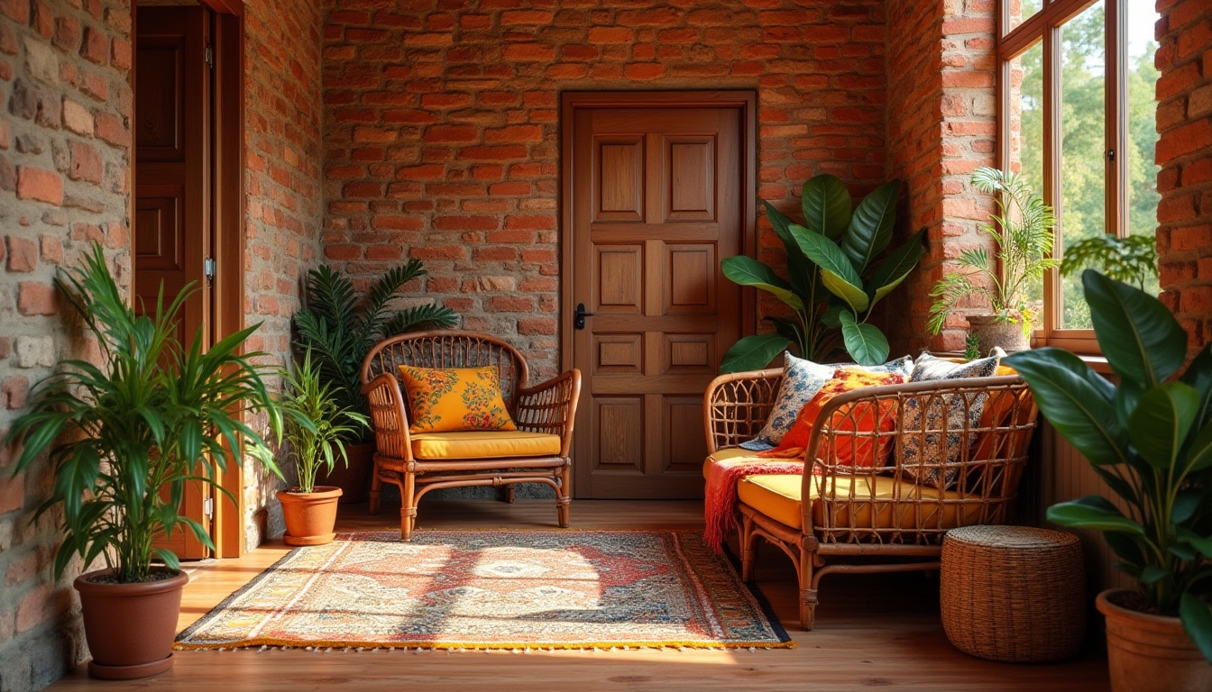 Prompt: Savanna style, African-inspired, earthy tones, warm fire brick color, natural texture, rustic wooden door, woven rattan furniture, greenery, potted plants, leaf patterned rug, wicker basket, vibrant colorful throw pillows, stone wall, tribal patterns, cozy corner reading nook, soft warm lighting, 3/4 composition.