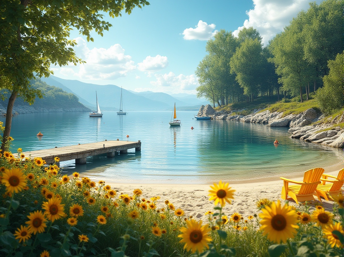 Prompt: Lakefront scenery, sunny day, bright yellow sunflowers along the shoreline, wooden dock jutting out into the calm lake, few sailboats drifting lazily, vibrant yellow lifeguard chairs scattered across the sandy beach, lush green trees providing shade, warm ambient lighting, gentle ripples on the water surface, a distant mountain range creating a serene backdrop, 3/4 composition, panoramic view.