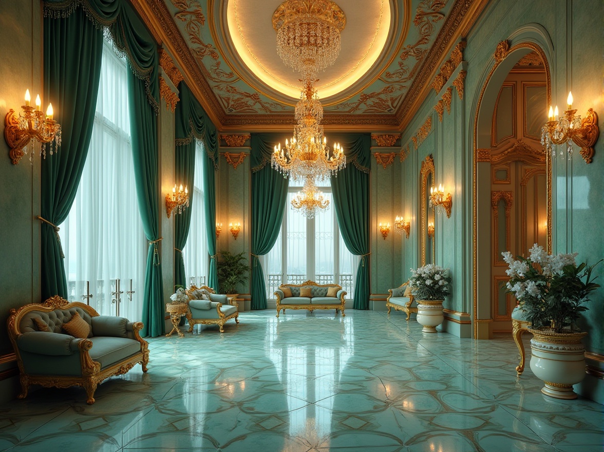 Prompt: Concert house, luxurious interior, mint color tiles, glossy finish, geometric pattern, marble-like texture, grand chandelier, crystal drops, velvet curtains, golden accents, ornate furniture, lavish decor, dramatic lighting, 3/4 composition, shallow depth of field, warm atmosphere, evening ambiance.