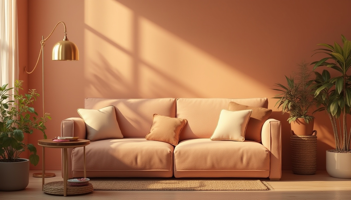 Prompt: Warm atmosphere, cozy interior, peach-colored walls, soft cushions, velvet sofa, golden lampshade, wooden coffee table, woven basket, potted plants, natural fiber rug, earthy tones, soft focus, warm lighting, intimate setting, comfortable seating area, relaxing ambiance.