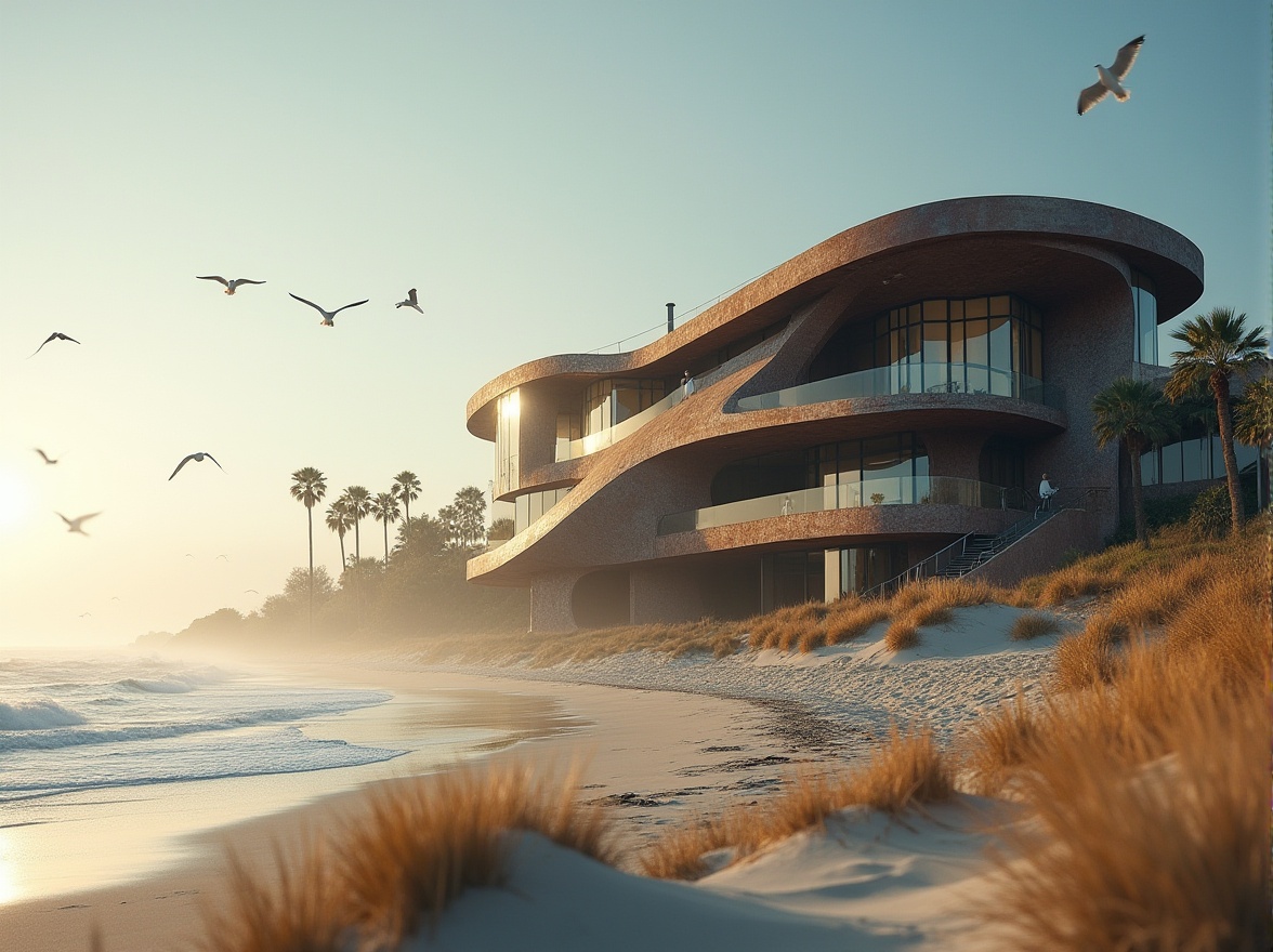 Prompt: Modern university architecture, expressionist beach building, galvanized steel structure, rusted metal texture, curved lines, abstract shapes, dynamic composition, dramatic lighting, misty morning atmosphere, seagulls flying overhead, waves crashing against the shore, sandy dunes, beach vegetation, palm trees swaying gently, warm sunlight, soft focus, shallow depth of field, artistic lens flare.