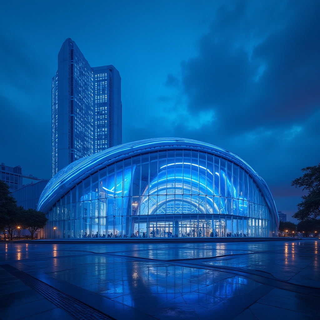 Prompt: Concert house, sky blue accents, modern architecture, glass facade, sleek lines, futuristic details, spotlights, evening atmosphere, cityscape, urban landscape, vibrant blue tone, LED lighting, dynamic angles, low-angle shot, symmetrical composition, dramatic shadows, cool tones, metallic materials, reflective surfaces.