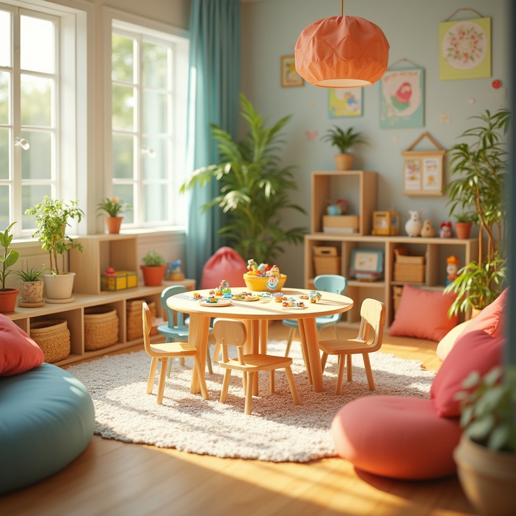 Prompt: Colorful kindergarten interior, vibrant fabrics, soft cushions, rounded tables, tiny chairs, educational toys, blocks, dolls, wooden shelves, playful rugs, woven baskets, natural light, large windows, green plants, flower-patterned curtains, circular reading area, cozy atmosphere, warm lighting, 3/4 composition, shallow depth of field, pastel colors, texture details.