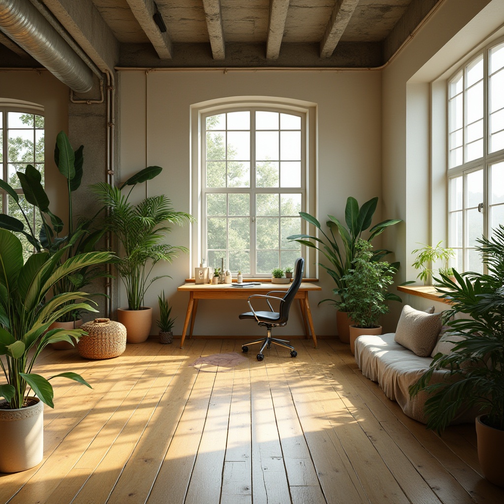 Prompt: Minimalist room, natural atmosphere, wooden floor, large windows, greenery, potted plants, simple desk, ergonomic chair, soft cushions, woven basket, earthy tones, beige walls, concrete ceiling, industrial pipes, natural light pouring in, subtle shadows, 3/4 composition, shallow depth of field, peaceful ambiance, warm lighting, serene mood.