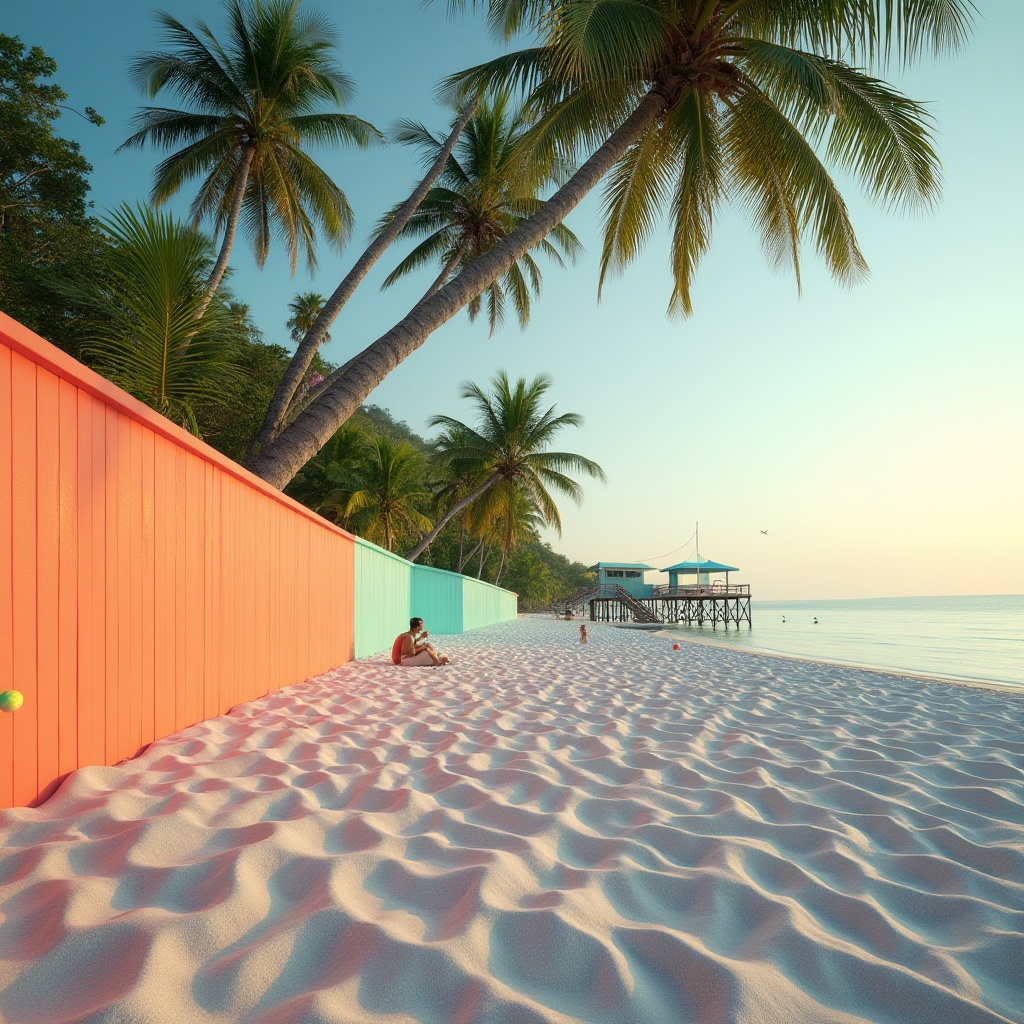 Prompt: Vibrant beach scene, heliotrope accent wall, tropical palm trees, white sand, calm turquoise ocean, few people relaxing, colorful beach balls, heliotrope-colored lifeguard tower, wooden pier, warm sunset lighting, 3/4 composition, shallow depth of field, soft focus on background, realistic texture, ambient atmosphere, peaceful mood, cinematic style.