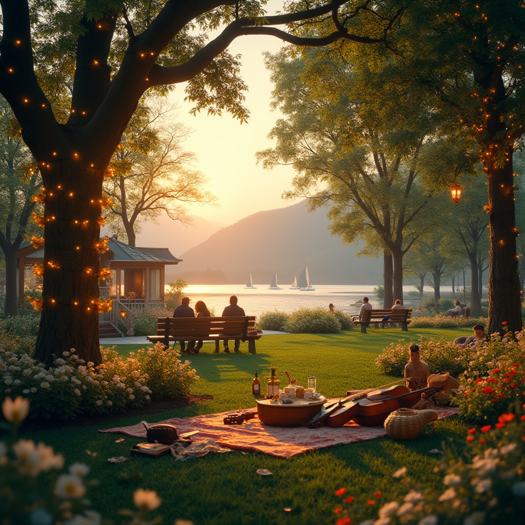 Prompt: Harmonious park, sunset time, lush green grass, vibrant flowers blooming, gentle breeze, serene atmosphere, concert houses, wooden benches, walking paths, lanterns hanging from trees, string lights wrapping around trunks, warm soft lighting, people sitting on blankets, wine and cheese baskets, guitars and violins lying nearby, lake in the background, sailboats drifting slowly, misty mountains afar, 3/4 composition, panoramic view, cinematic ambiance.