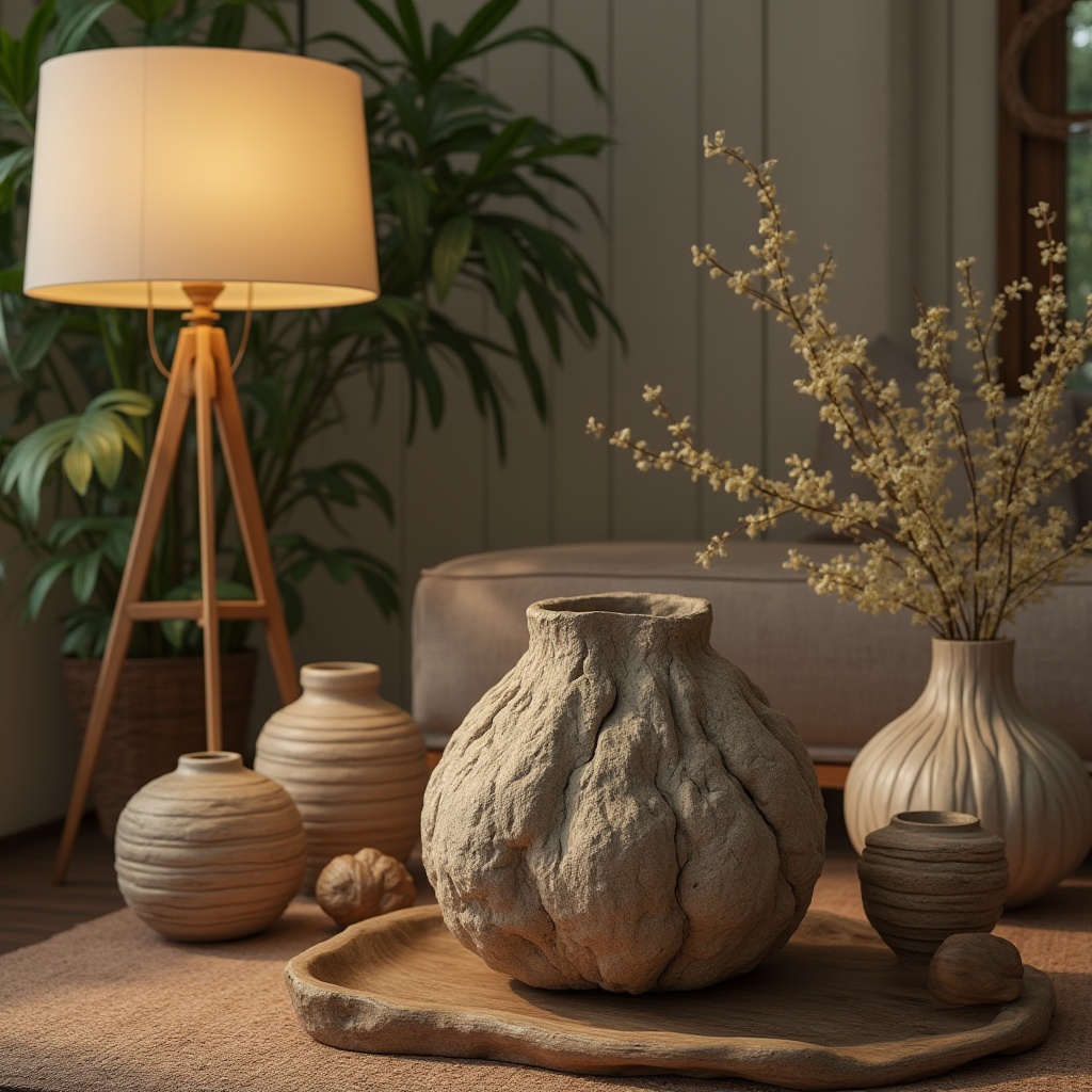 Prompt: Mud material, natural texture, earthy tone, rough surface, organic shape, rustic charm, modern design, interior decoration, living room, floor lamp, vase, pottery, planters, warm ambient lighting, cozy atmosphere, natural setting, forest, trees, wooden furniture, woven basket.