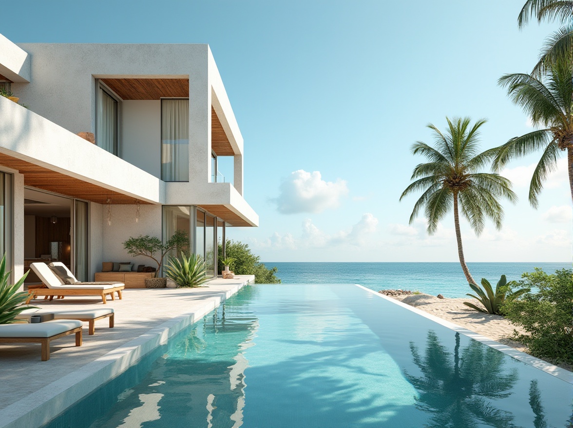 Prompt: Beach modernism design, luxurious villa, ocean view, minimalist architecture, large glass windows, sliding doors, wooden accents, white stucco walls, flat roof, outdoor pool, lounge chairs, palm trees, tropical plants, sandy beach, turquoise water, clear blue sky, sunny day, 3/4 composition, wide-angle shot, soft natural lighting, warm atmosphere.