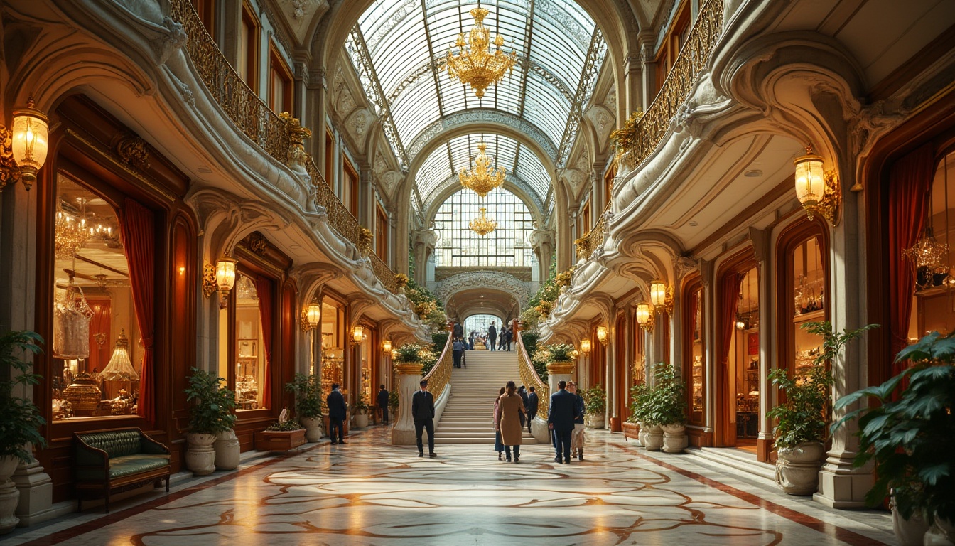 Prompt: Luxurious shopping center, Art Nouveau style, grand staircase, intricate ironwork, ornate glass ceiling, elegant chandeliers, marble floors, curved lines, flowing patterns, organic forms, botanical motifs, sinuous shapes, luxurious fabrics, velvet drapes, gold accents, warm lighting, 3/4 composition, shallow depth of field, soft focus, bokeh effect, afternoon sunlight filtering through stained glass windows, bustling atmosphere, refined customers.