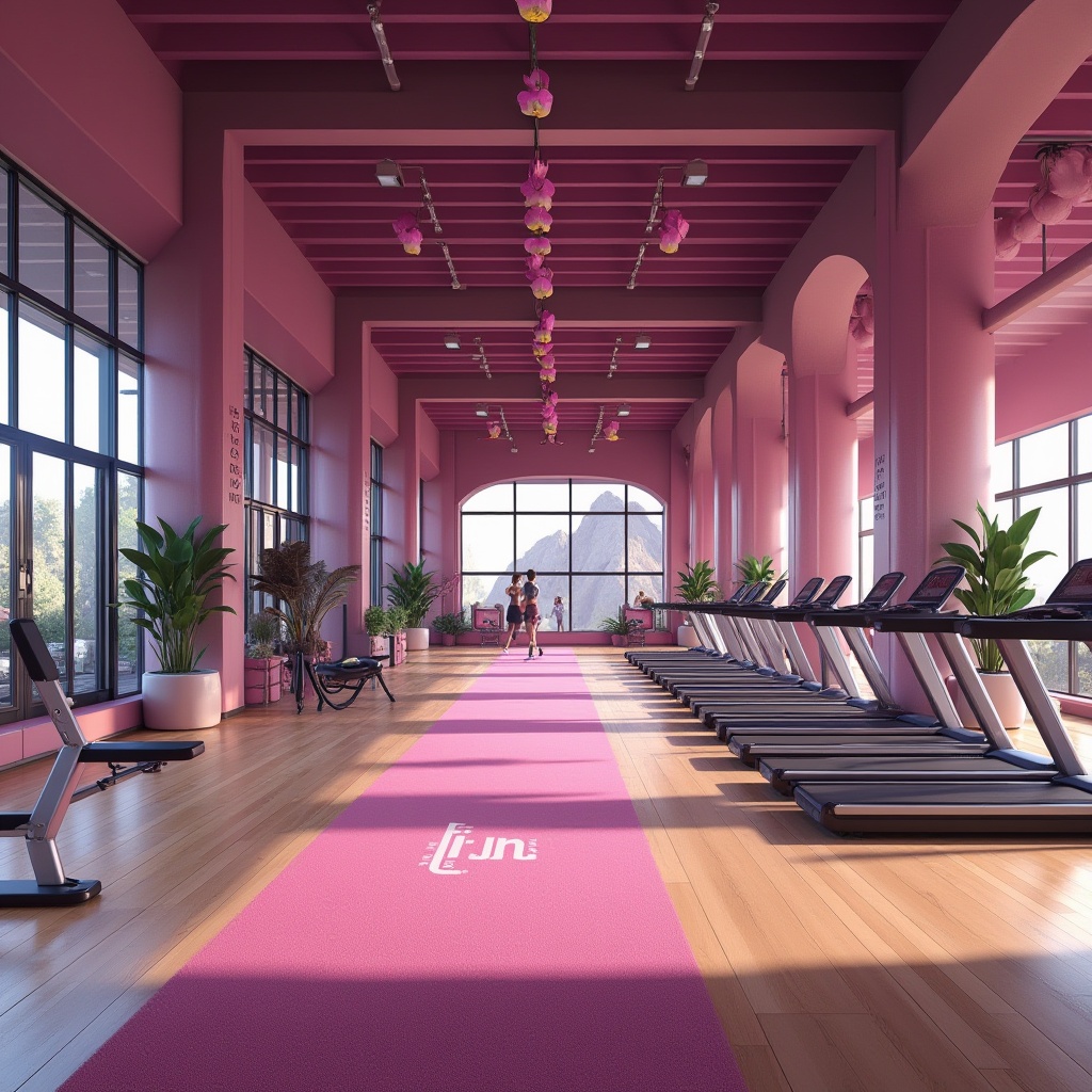 Prompt: Modern gymnasium interior design, vibrant orchid color scheme, elegant athletic tracks, polished wooden floors, sleek metallic equipment, motivational quotes on walls, large windows with natural light, green plants on shelves, orchid accents on pillars, dynamic lighting, low-angle shot, 3/4 composition, fitness enthusiasts exercising in background, soft focus, warm atmosphere.