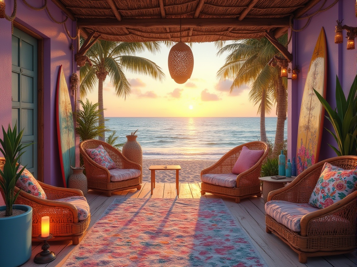 Prompt: Eclectic beach design, purple accent wall, driftwood furniture, colorful lanterns, wicker chairs, ocean view, sunset time, warm golden light, palm trees swaying gently, tropical flowers blooming, beachy vibe, abstract patterned rug, distressed wood flooring, vintage surfboards, seashell decorations, nautical ropes, rattan pendant lamp, pastel-colored glass bottles, woven sea grass baskets, laid-back atmosphere, soft focus, shallow depth of field, warm ambient lighting.