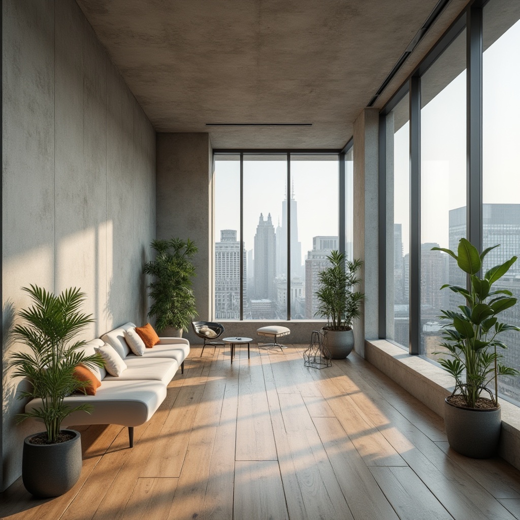 Prompt: Modern architecture, urban building, plastered concrete wall, clean lines, minimalist aesthetic, natural light, indoor plants, wooden floor, sleek furniture, open space, cityscape view, daytime, soft focus, realistic texture, abstract composition, atmospheric lighting.