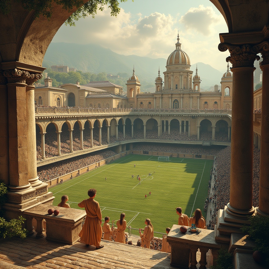 Prompt: Renaissance inspired football stadium, grandiose stone arches, ornate carvings, majestic columns, intricate frescoes, golden domed roofs, lush greenery surrounding, athletes in vintage attire, classic leather balls, nostalgic sepia tone, warm afternoon sunlight, dramatic shadows, low-angle shot, symmetrical composition, ancient Italian cityscape backdrop, marble-like textures, Baroque details, elegant curved lines.