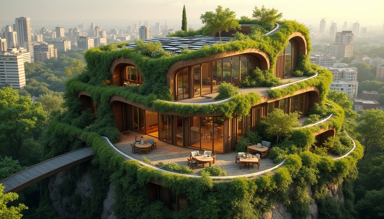 Prompt: Eco-friendly building, organic architecture, sustainable practices, green roofs, solar panels, recycled materials, natural ventilation, curved lines, earthy tones, wooden accents, lush greenery, vines crawling up walls, living walls, urban garden, cityscape background, warm lighting, 3/4 composition, shallow depth of field, soft focus, cinematic mood.