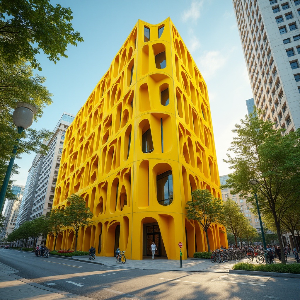 Prompt: Vibrant yellow urban design, modern cityscape, sunny day, bright yellow building facade, geometric patterns, abstract architecture, urban renewal, revitalized streets, pedestrian-friendly infrastructure, tree-lined sidewalks, street lamps, bicycles, vibrant street art, dynamic composition, low-angle shot, warm lighting, high contrast.