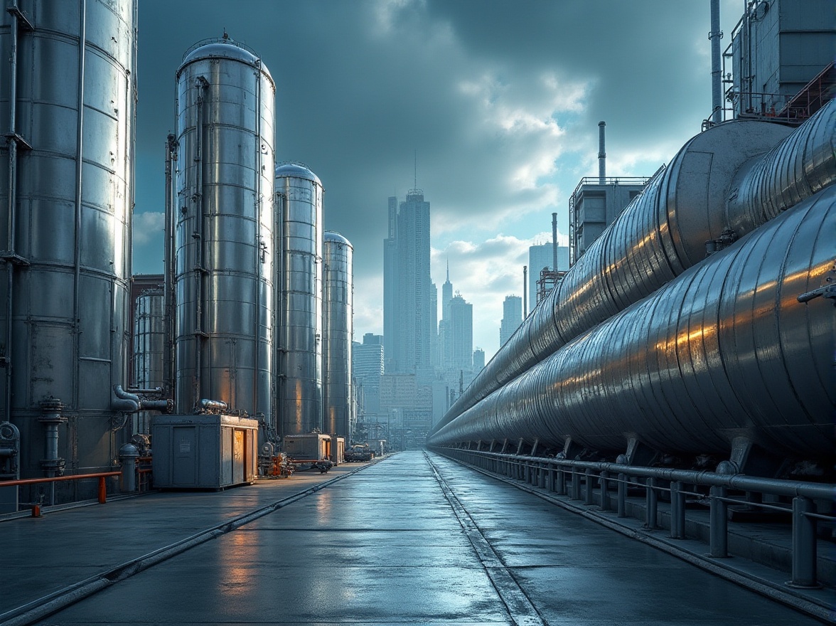 Prompt: Modern galvanized steel, industrial background, metallic sheen, reflective surface, corrugated texture, silver color, sleek lines, minimalist composition, low-angle shot, dramatic lighting, urban atmosphere, cityscape, skyscraper, factory, machinery, pipes, valves, futuristic ambiance.