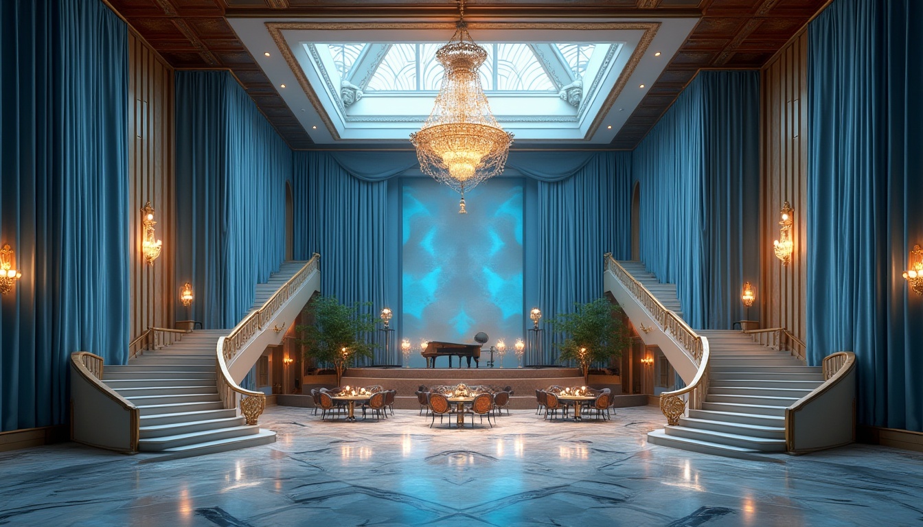 Prompt: Concert house, sky blue accent wall, modern architecture, grand staircase, luxurious chandelier, soft spotlights, elegant marble floor, lavish VIP lounge, stage with professional lighting, sky blue velvet curtains, golden ornate decorations, spacious auditorium, comfortable seating, acoustic panels, soundproofing materials, evening atmosphere, warm ambient lighting, 3/4 composition, low-angle shot.