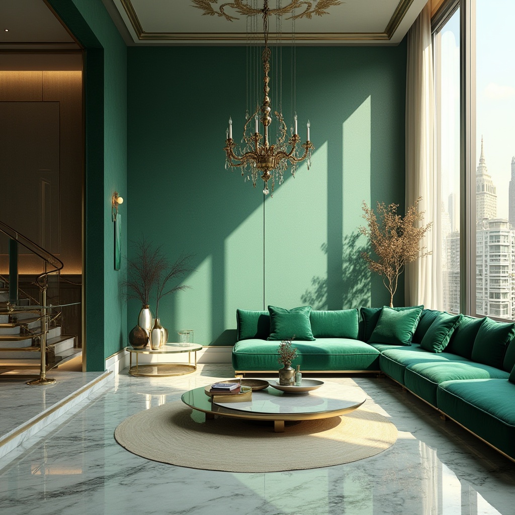 Prompt: Luxurious interior space, malachite green accent wall, modern minimalist furniture, marble flooring, metallic gold decorations, ornate chandelier, velvet sofa, emerald green pillows, natural light pouring through floor-to-ceiling windows, urban cityscape view, morning softbox lighting, 3/4 composition, shallow depth of field, cinematic atmosphere.