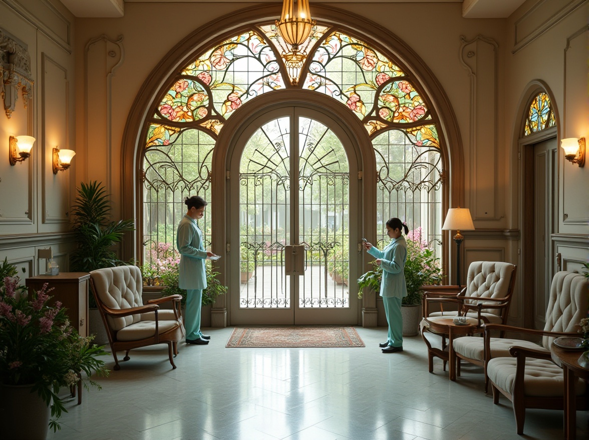 Prompt: Art Nouveau style, suburban healthcare center, ornate iron gates, curved lines, organic forms, flowing floral patterns, grand entrance, stained glass windows, warm lighting, comfortable seating areas, lush greenery, natural materials, wooden accents, elegant nurse uniforms, crisp white coats, medical equipment with intricate details, soft pastel colors, peaceful atmosphere, serene exterior courtyard, blooming flowers, subtle water features, panoramic view, 3/4 composition, soft focus background.