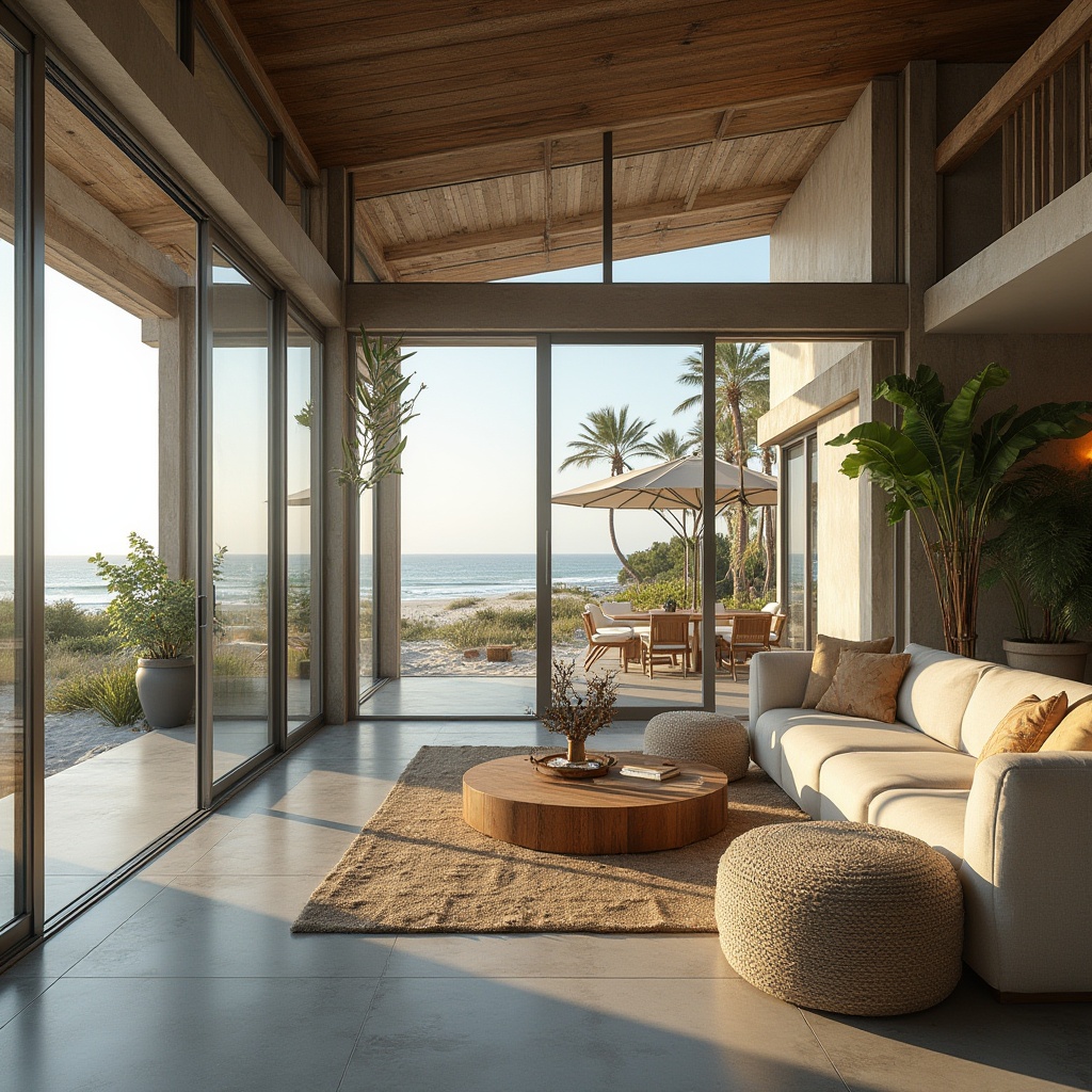 Prompt: Modern beachside villa, galvanized steel accents, sleek minimalist lines, floor-to-ceiling windows, sliding glass doors, oceanview, tropical plants, palm trees, sandy dunes, driftwood decor, nautical rope details, weathered wood textures, distressed finishes, industrial chic lighting fixtures, polished concrete floors, airy open-plan living space, 3/4 composition, warm golden hour light, shallow depth of field, coastal ambiance.