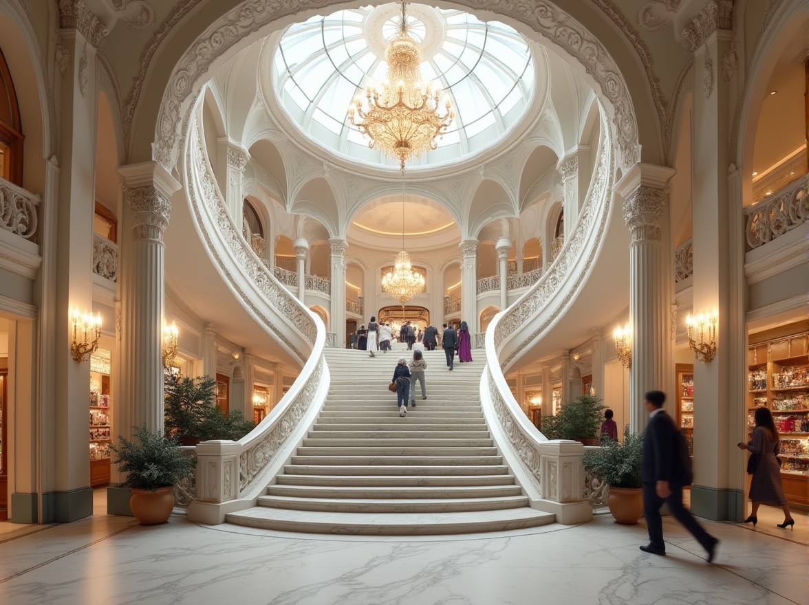 Prompt: Luxurious shopping center, Art Nouveau style, grand staircase, ornate banister, marble material, smooth texture, white and grey swirl pattern, pillars, arches, high ceiling, crystal chandelier, soft warm lighting, elegant atmosphere, busy shoppers, 3/4 composition, facial close-up, panoramic view, realistic rendering, depth of field, cinematic mood, HDR effect.