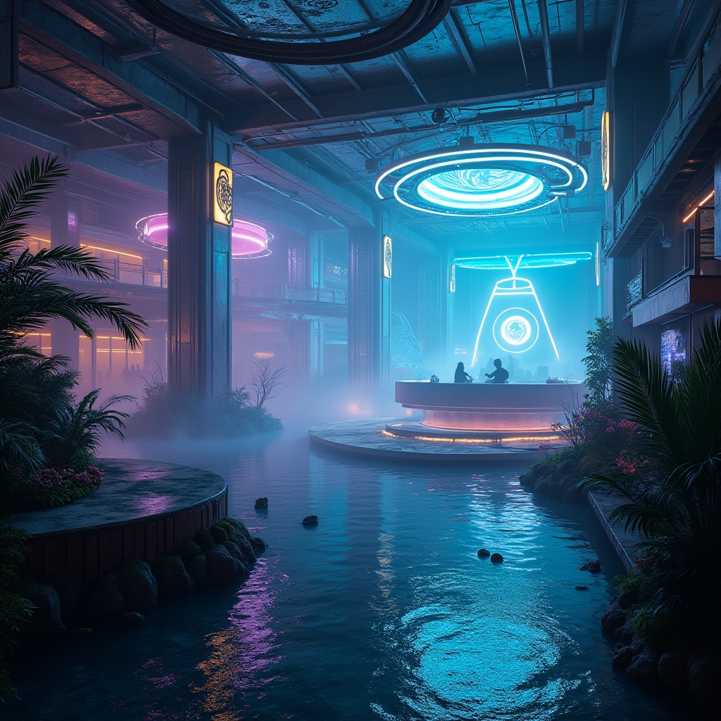 Prompt: Neon-lit nightclubs, futuristic architecture, reflective glass surfaces, metallic structures, wetland environments, misty atmosphere, twinkling lights, vibrant LED displays, DJ booth surrounded by fog machines, dance floor with glowing patterns, VIP lounge with aquatic-inspired decor, lush greenery walls, tropical plants, exotic flowers, murky waters, wooden docks, rusty steel bridges, abandoned boats, eerie sound effects, 3/4 composition, cinematic lighting, misty fog atmosphere.