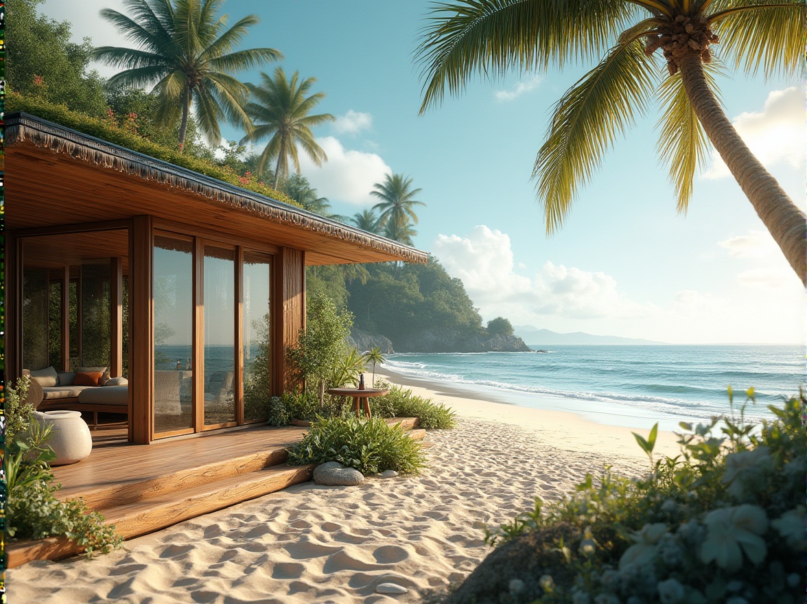 Prompt: Beachside villa, eco-friendly architecture, large windows, solar panels, green roof, recycled wood, bamboo furniture, minimal waste, natural ventilation, ocean-inspired interior design, coastal plants, driftwood decorations, seashell wind chimes, tranquil atmosphere, serene ambiance, warm sunny day, soft focus, shallow depth of field, gentle sea breeze, waves gently lapping at the shore, sandy beach, palm trees swaying in the distance.