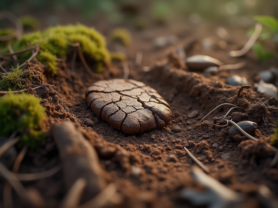 Prompt: Earthy mud texture, natural material, organic structure, rough surface, brown color tone, cracked pattern, earthy scent, outdoor environment, forest setting, fallen leaves, twigs and branches, moss growth, misty atmosphere, soft warm lighting, 3/4 composition, shallow depth of field.