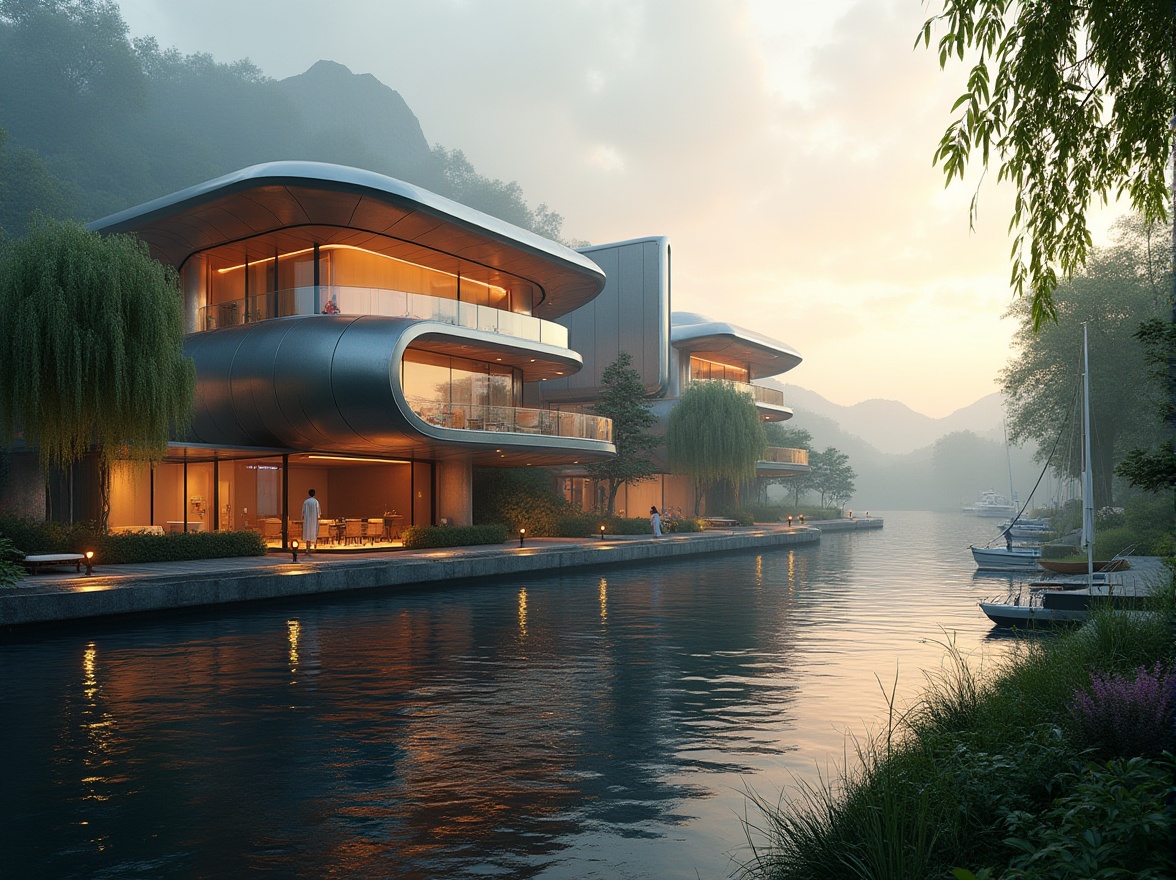 Prompt: Riverbank, futuristic innovative housing, structuralism style, curvaceous lines, metallic materials, glass walls, LED lighting, cantilevered balconies, angular rooftops, modern minimalist interior, floor-to-ceiling windows, river views, sunset reflections, lush greenery, weeping willows, wooden docks, sailboats, misty atmosphere, soft warm lighting, cinematic composition, 3/4 view, low-angle shot.