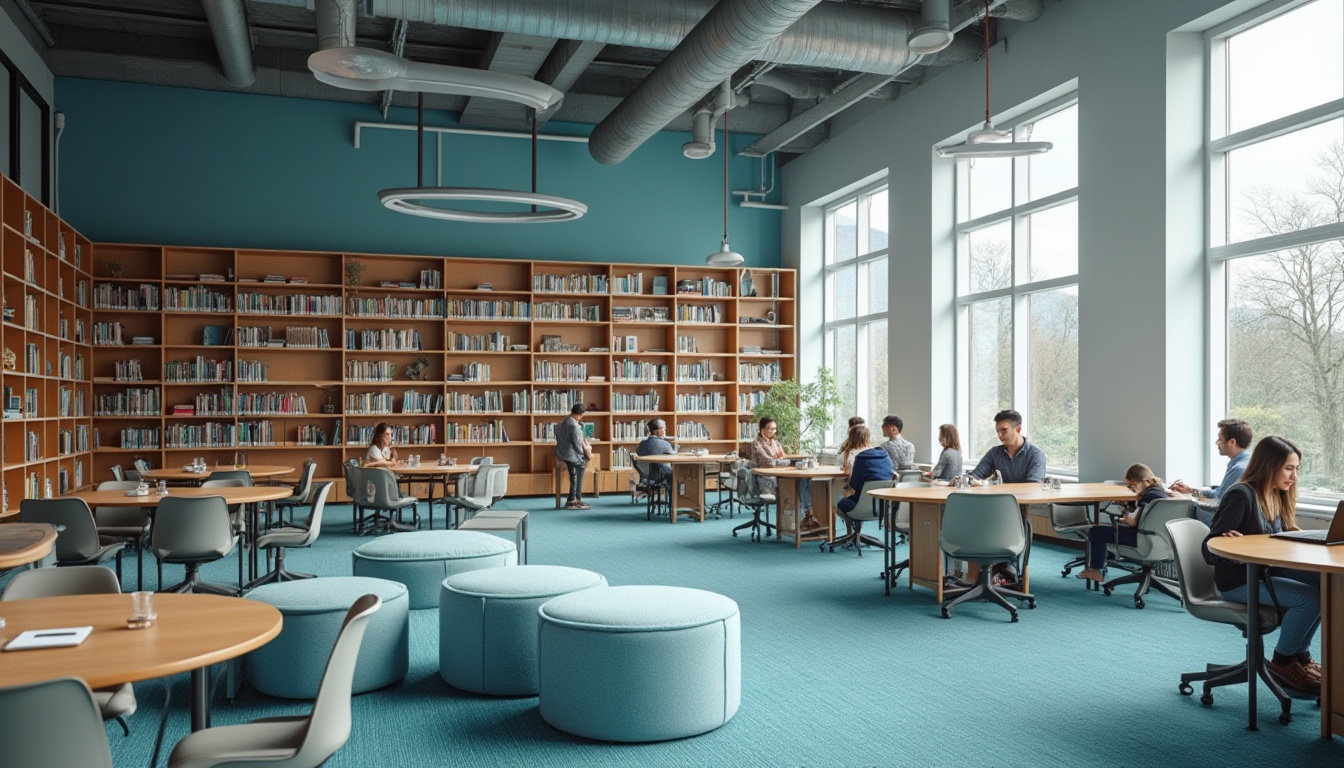 Prompt: Modern library interior, sky blue accent wall, bookshelves with ladder, wooden tables, ergonomic chairs, warm lighting, cozy atmosphere, minimalist decorations, floor-to-ceiling windows, natural light pouring in, blurred background, shallow depth of field, people reading or working individually, laptops and notebooks scattered, water bottles and coffee cups on tables, soft carpet flooring, sound-absorbing panels, circular reading area with sky blue ottomans, 3/4 composition, panoramic view, HDR.