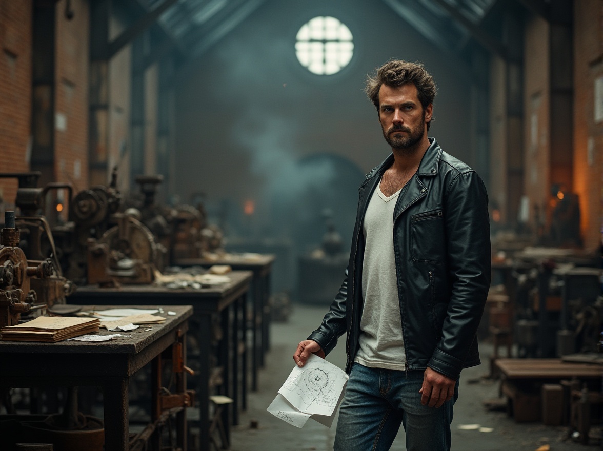 Prompt: Industrial factory, dimly lit, steel beams, concrete floors, brick walls, old machinery, rusty gears, abandoned tools, scattered papers, dusty windows, single light source, dramatic shadows, mature male, worn jeans, white shirt, black leather jacket, strong facial features, messy hair, intense gaze, holding a blueprint, standing near a workbench, surrounded by mechanical parts, atmospheric smoke, warm color tone, cinematic composition, 3/4 view.