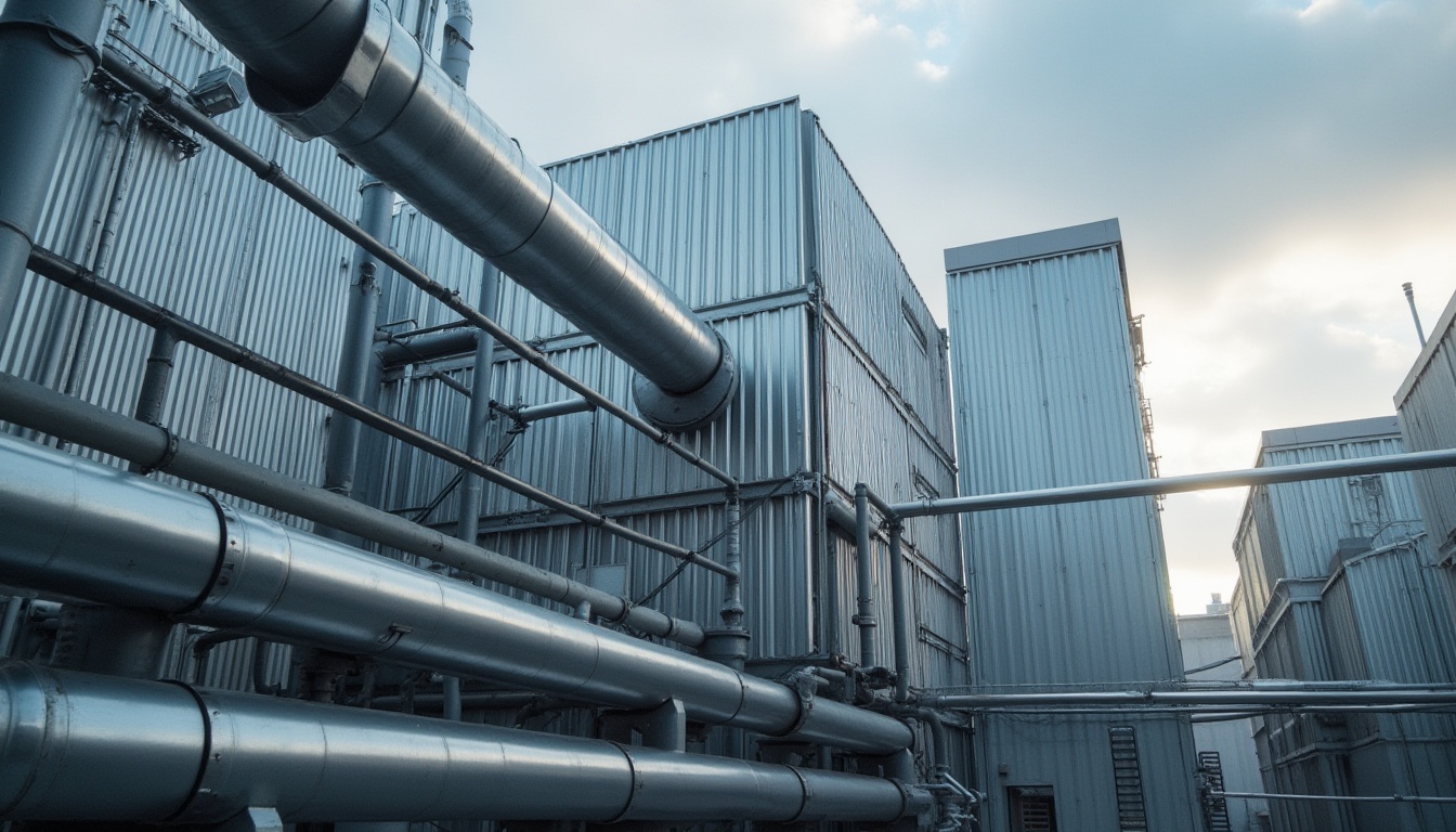 Prompt: Modern galvanized steel architecture, sleek metallic luster, silver-gray color tone, corrugated texture, industrial-style pipes, angular building structure, urban cityscape, cloudy sky with soft sunlight, shallow depth of field, low-angle shot, wide-angle lens, dramatic composition, high-contrast lighting.