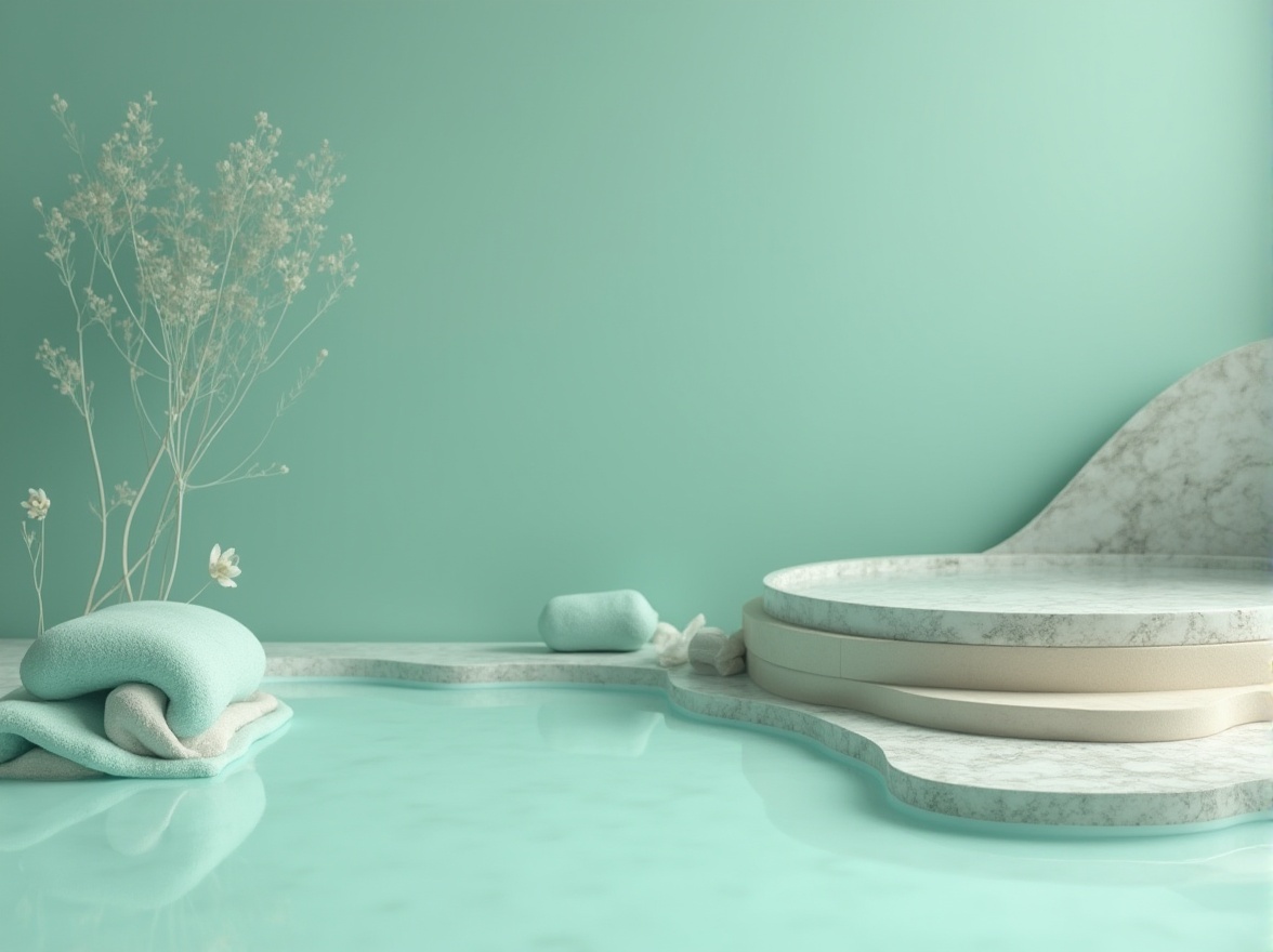 Prompt: teal color palette, aesthetic, psychological impact, pastel shades, calming atmosphere, serene ambiance, spa-inspired setting, minimalist decor, natural textures, wavy patterns, oceanic vibes, soothing mood, relaxation, tranquility, peaceful environment, soft lighting, 3/4 composition, warm beige background, subtle gradient effect.