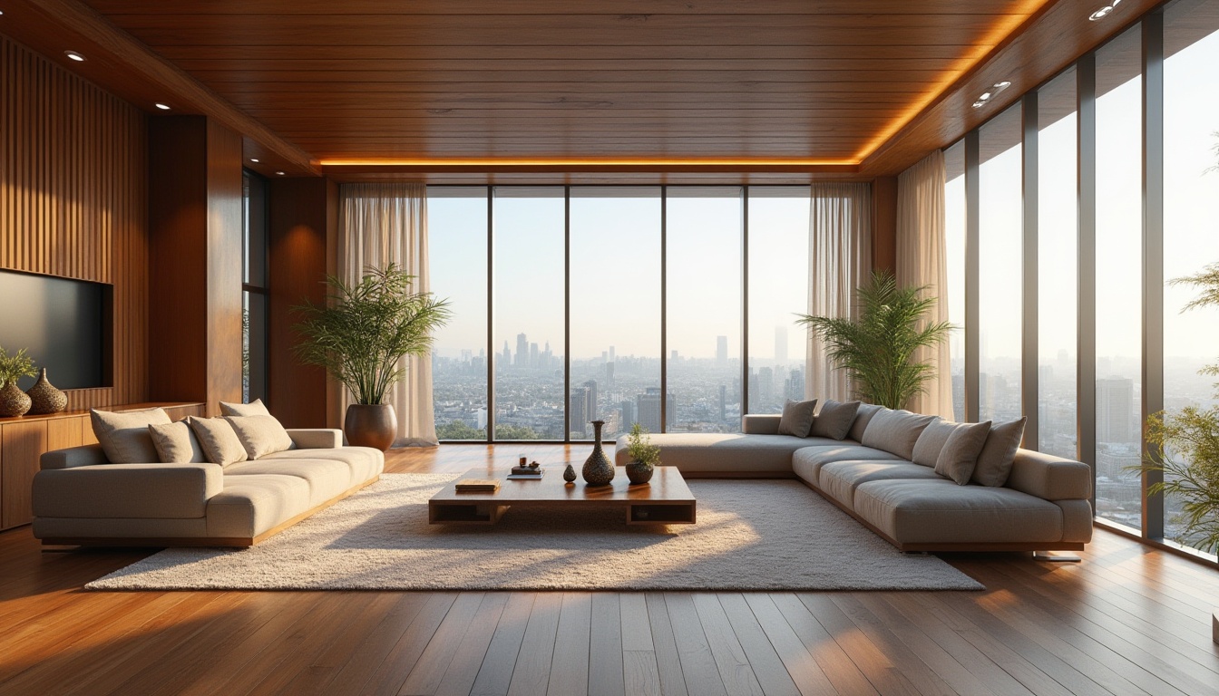 Prompt: Modern penthouse, bamboo material, streamline design, luxurious interior, high ceiling, floor-to-ceiling windows, panoramic city view, urban skyscraper, contemporary furniture, minimalist decor, natural lighting, 3/4 composition, low-angle shot, warm ambient light, sleek lines, sophisticated texture, eco-friendly atmosphere, upscale living space, luxurious lifestyle.