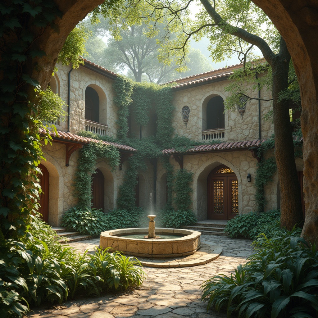 Prompt: Monastery, organic architecture, peaceful atmosphere, natural stone walls, curved lines, earthy tones, lush greenery, vines crawling up walls, intricate carvings, wooden doors, stained glass windows, serene courtyard, central fountain, surrounding trees, misty morning, warm sunlight filtering through leaves, soft focus, cinematic composition, 3/4 view, depth of field, natural textures, ambient lighting.